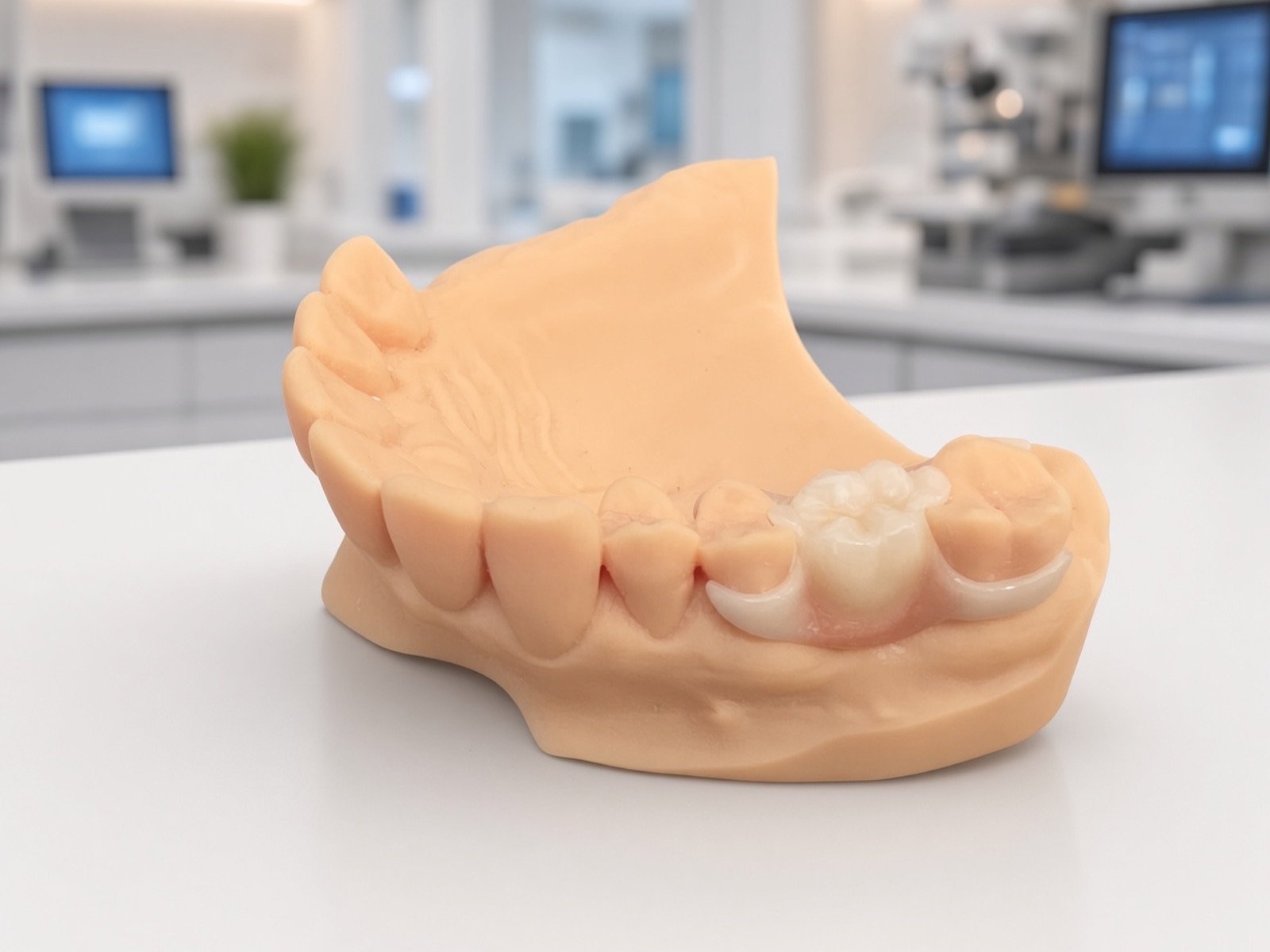 Micro-prosthesis — milled from BioniCut, red-white aesthetics.