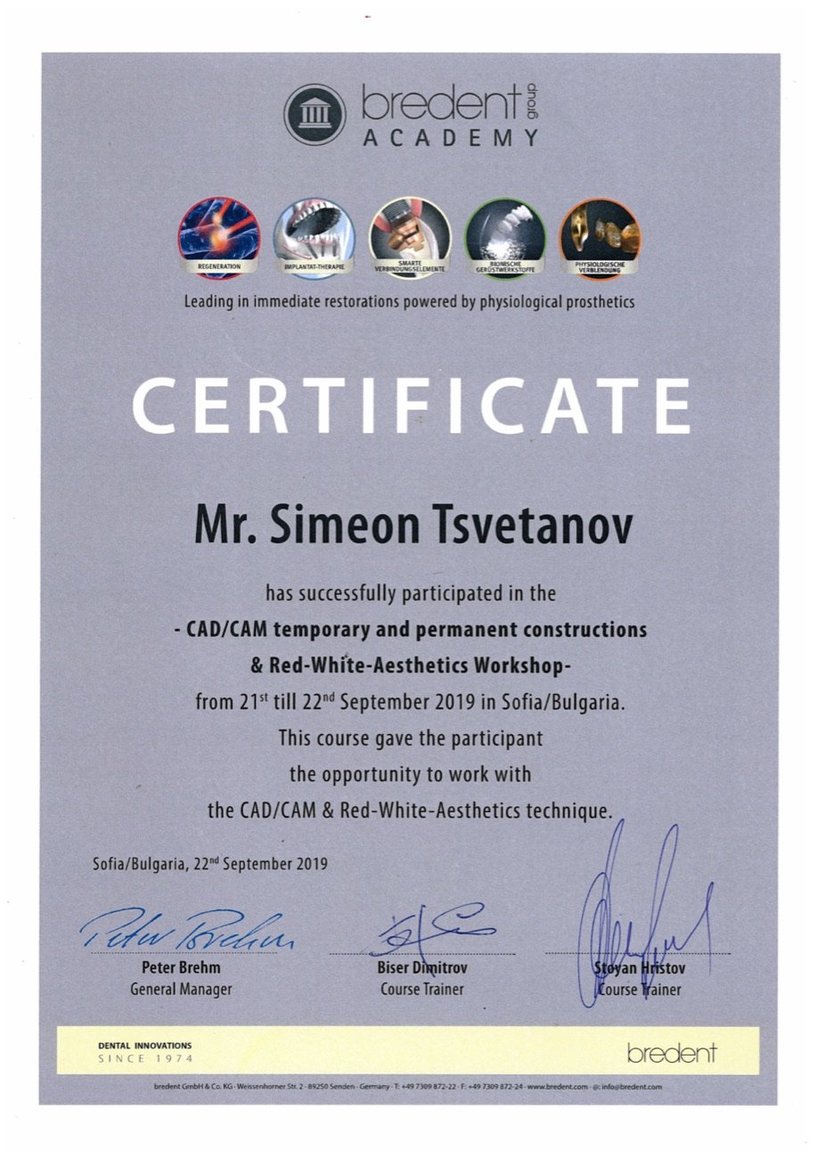 bredent Academy certificate — CAD/CAM constructions and Red-White-Aesthetics